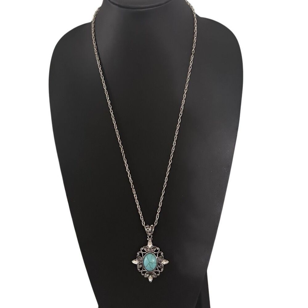 Vintage Pendant Necklace Women's Silver-tone Chain Turquoise Cabochon Center - Picture 2 of 9